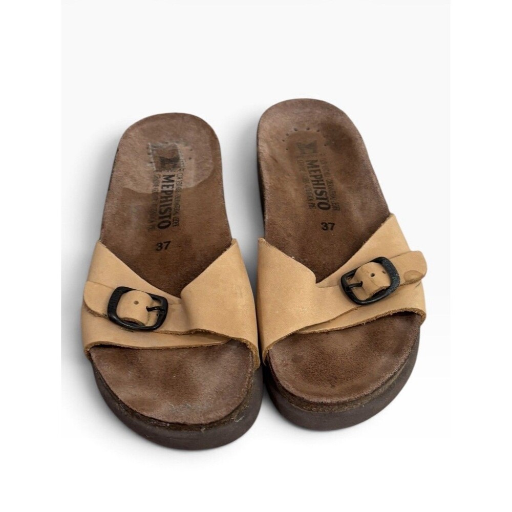MEPHISTO Brown Leather Slide Comfort Cork Sole Sandals Womens Sz 6.5 US /EU 37